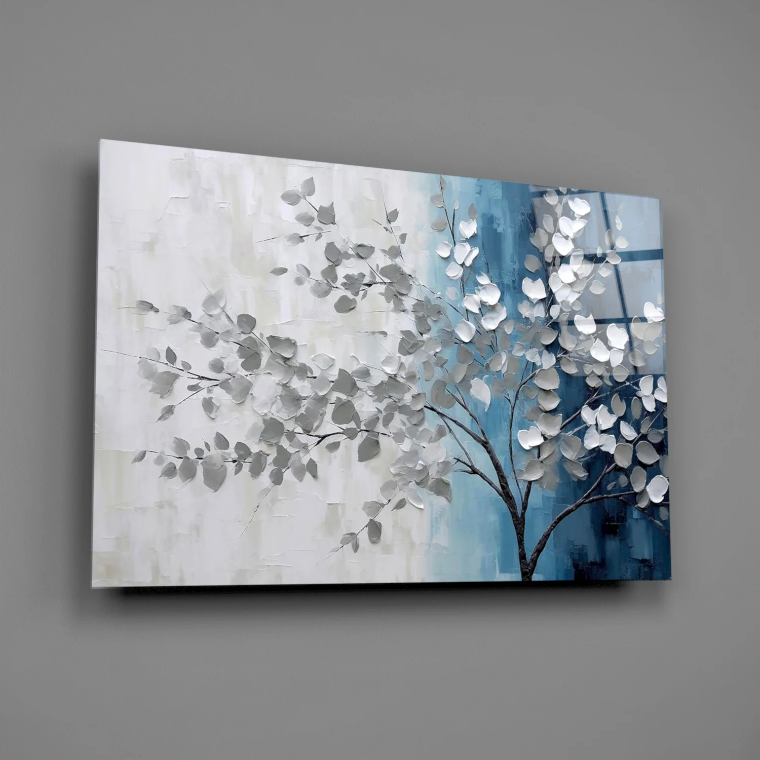 Elegant Silver Tree on Blue Glass Wall Art - Image 2