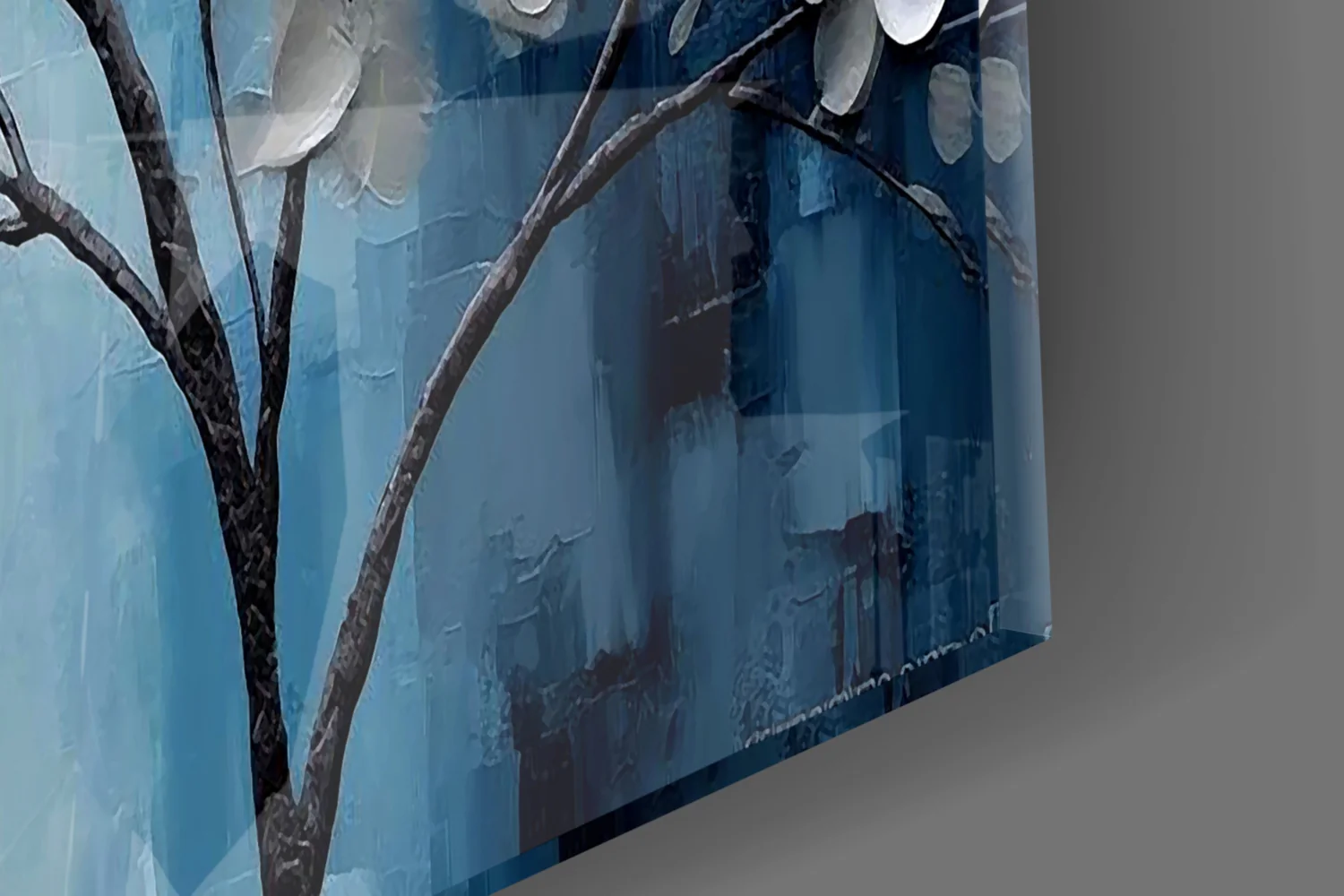 Elegant Silver Tree on Blue Glass Wall Art - Image 3