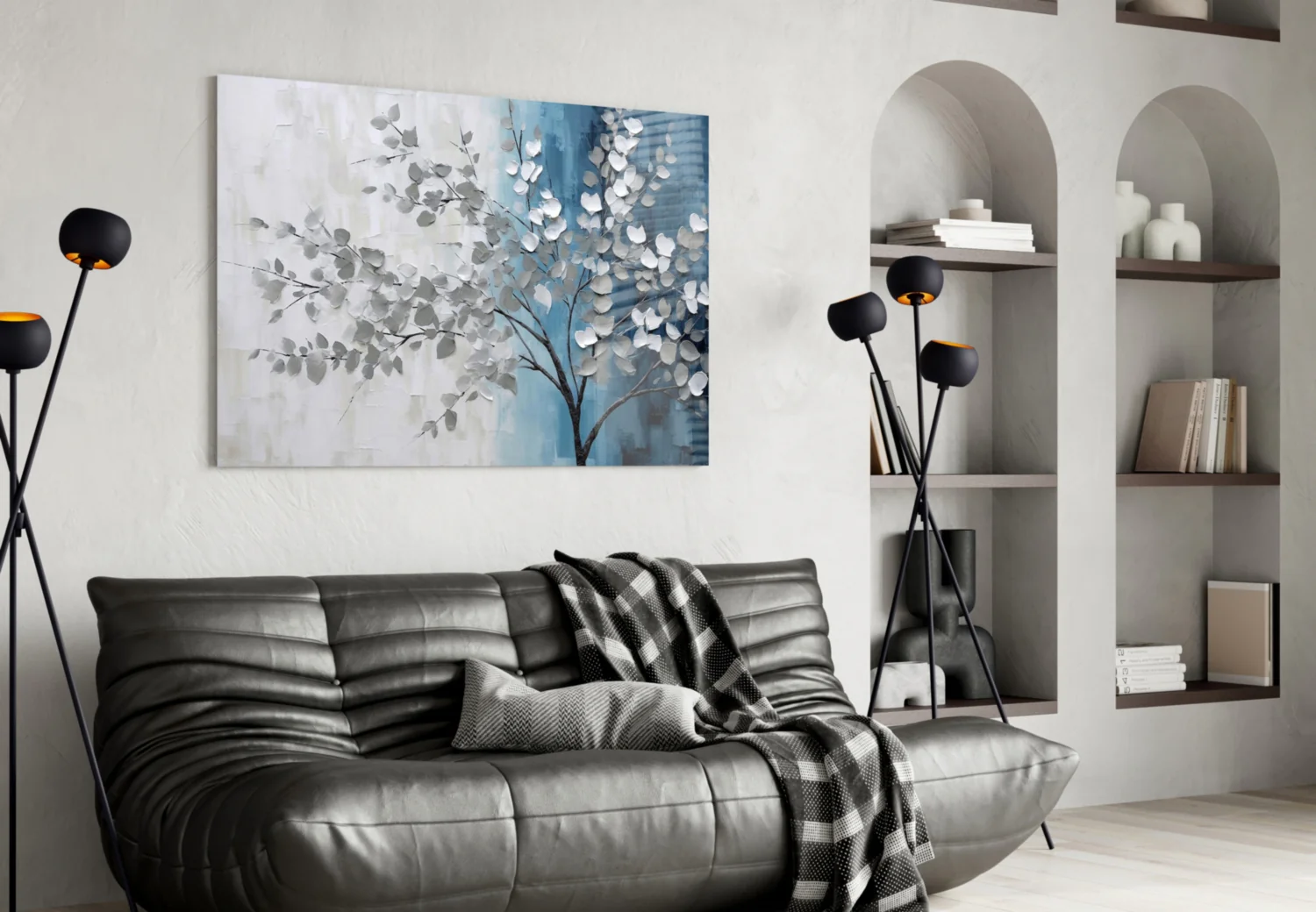 Elegant Silver Tree on Blue Glass Wall Art - Image 4