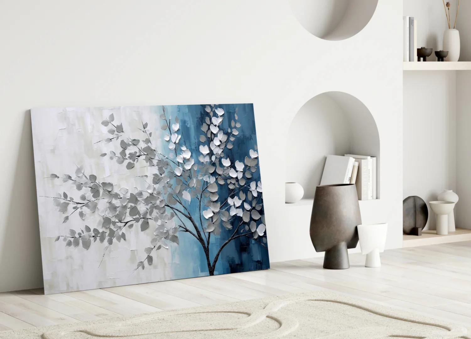 Elegant Silver Tree on Blue Glass Wall Art - Image 5