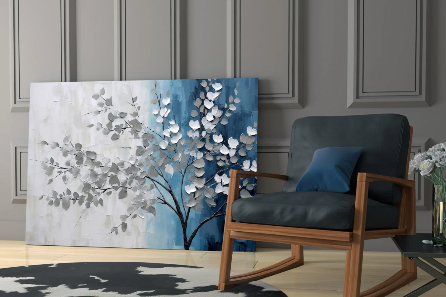 Elegant Silver Tree on Blue Glass Wall Art - Image 7