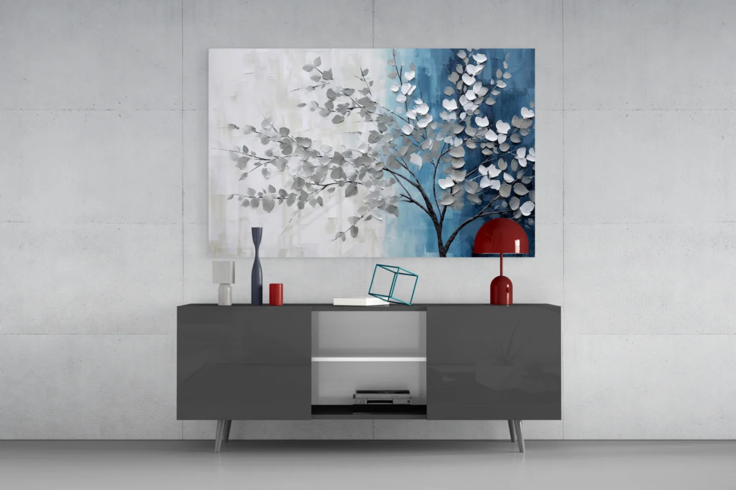 Elegant Silver Tree on Blue Glass Wall Art - Image 8
