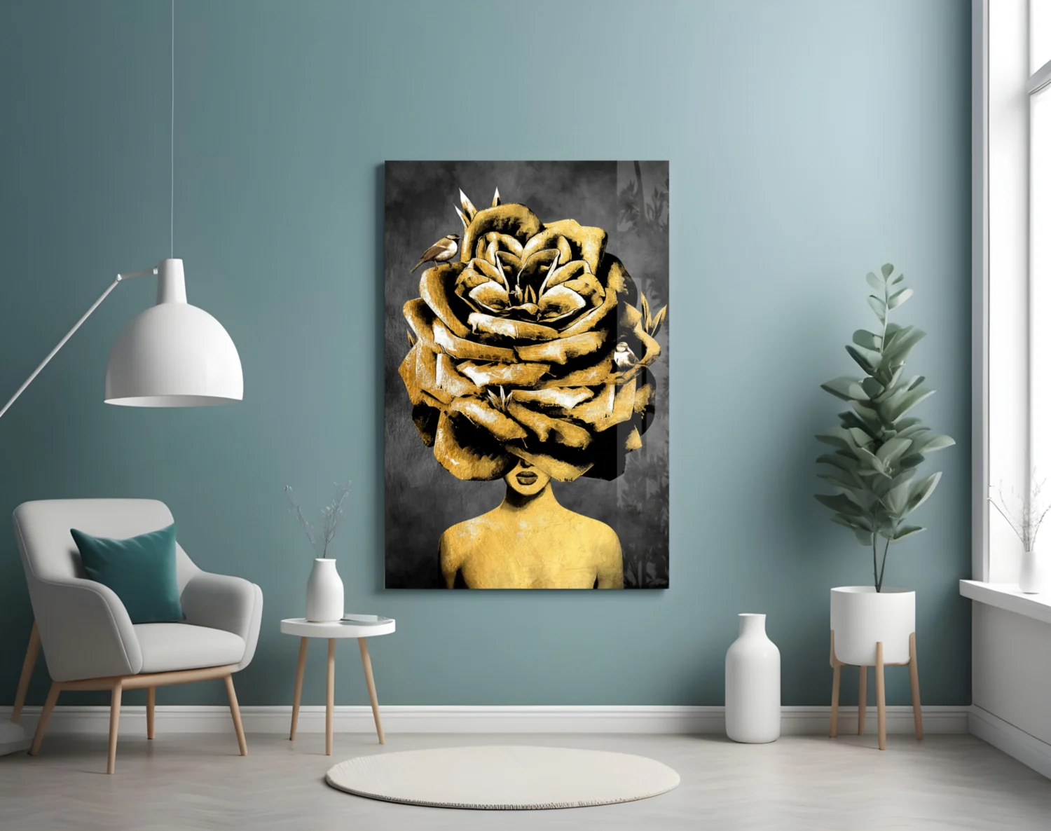 Golden Rose Head Glass Wall Art - Image 4
