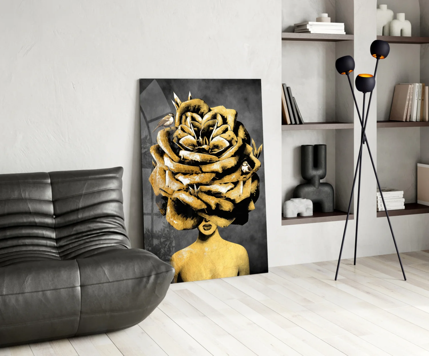 Golden Rose Head Glass Wall Art - Image 6