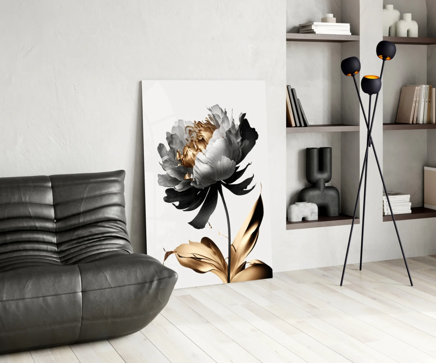 Elegant Black & Gold Peony Glass Wall Art - Image 6