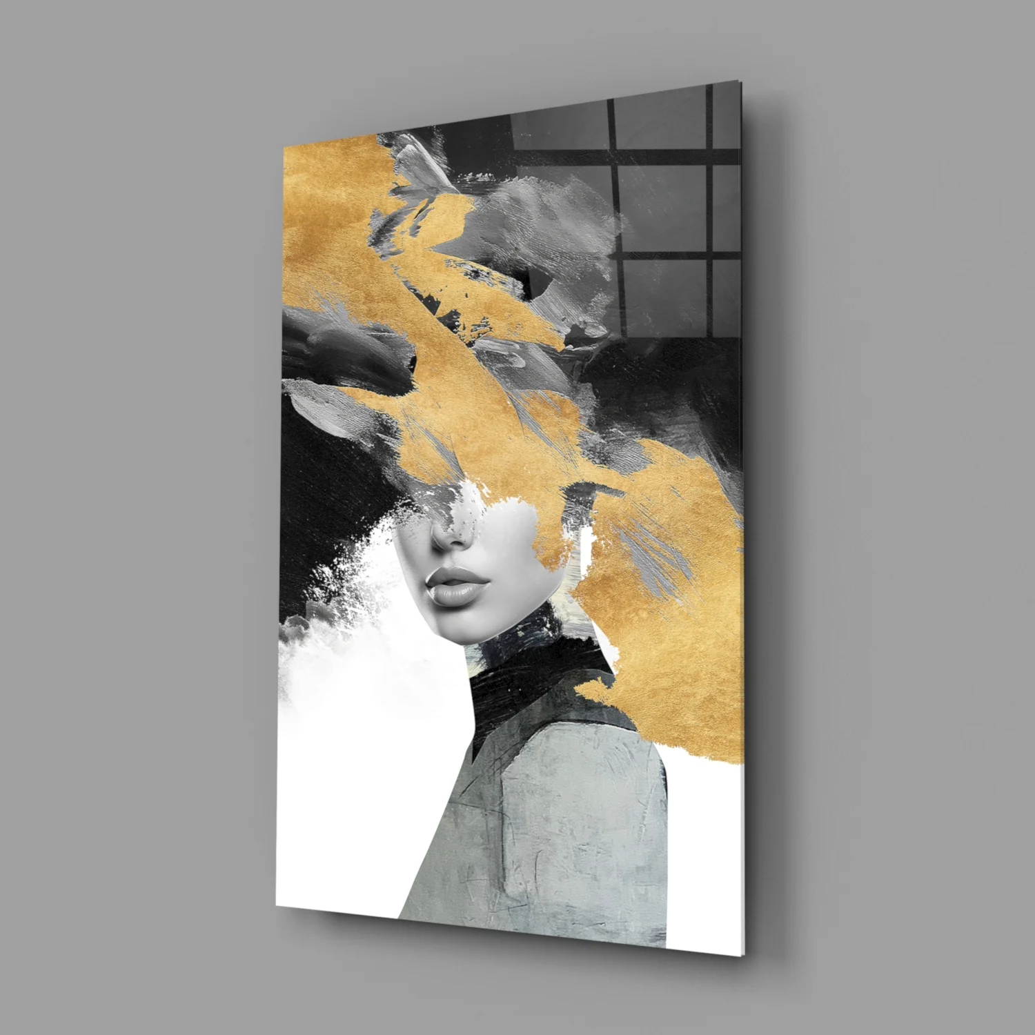 Elegant Gold and Black Abstract Portrait Glass Wall Art - Image 2