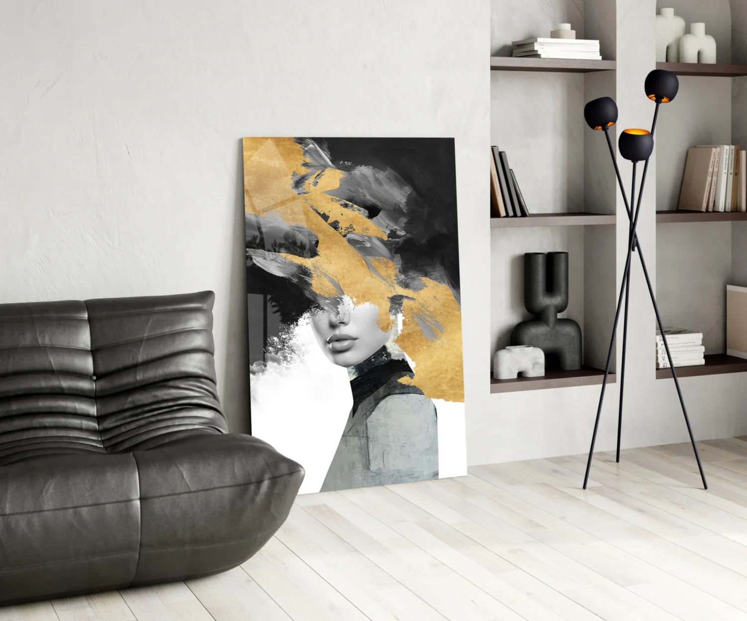 Elegant Gold and Black Abstract Portrait Glass Wall Art - Image 6