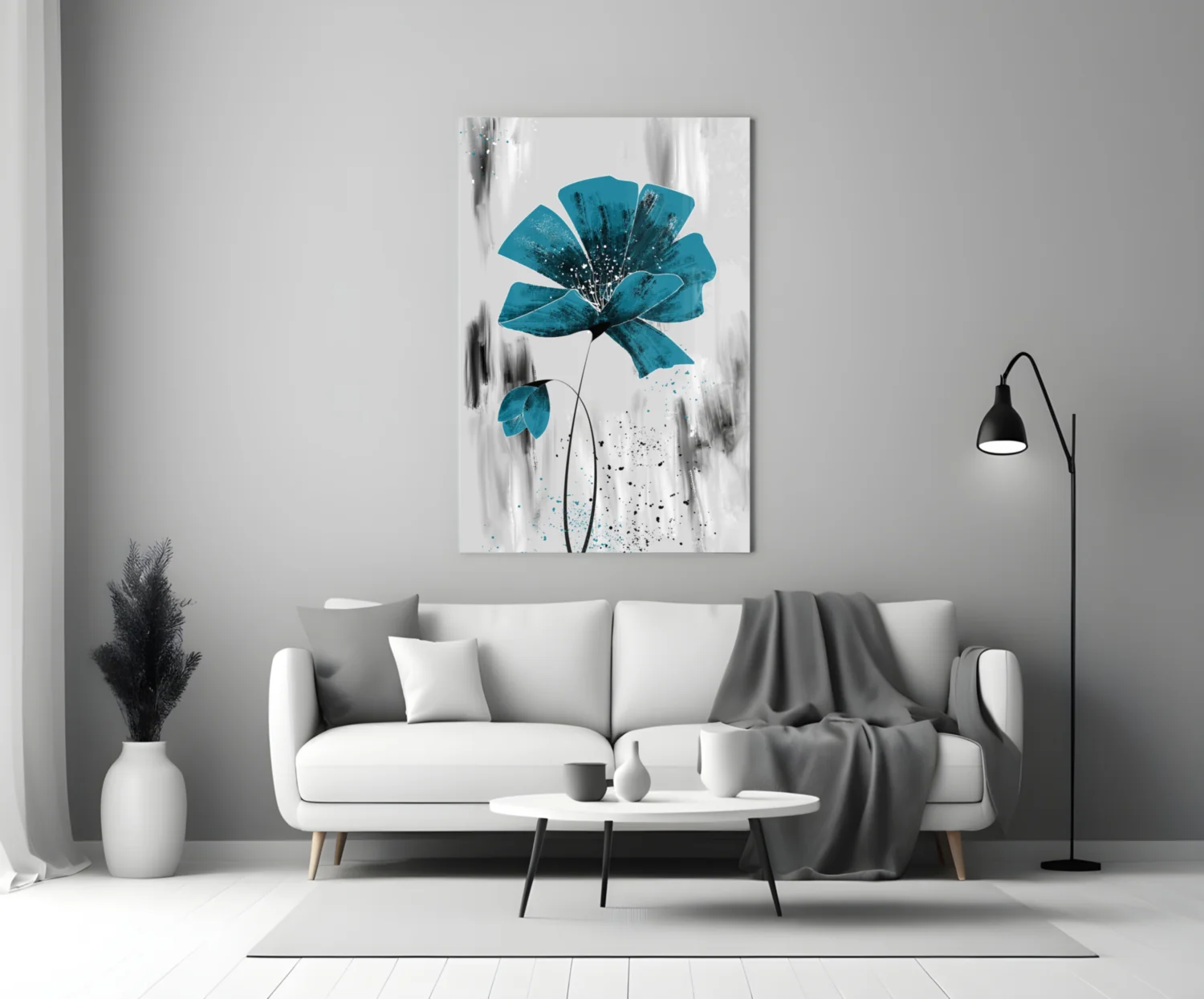 Teal Bloom on Gray Glass Wall Art - Image 5