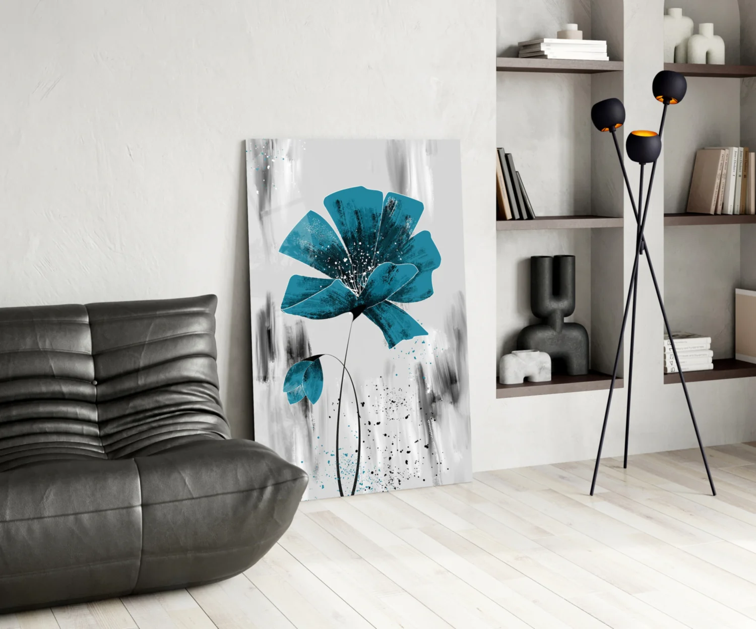 Teal Bloom on Gray Glass Wall Art - Image 6