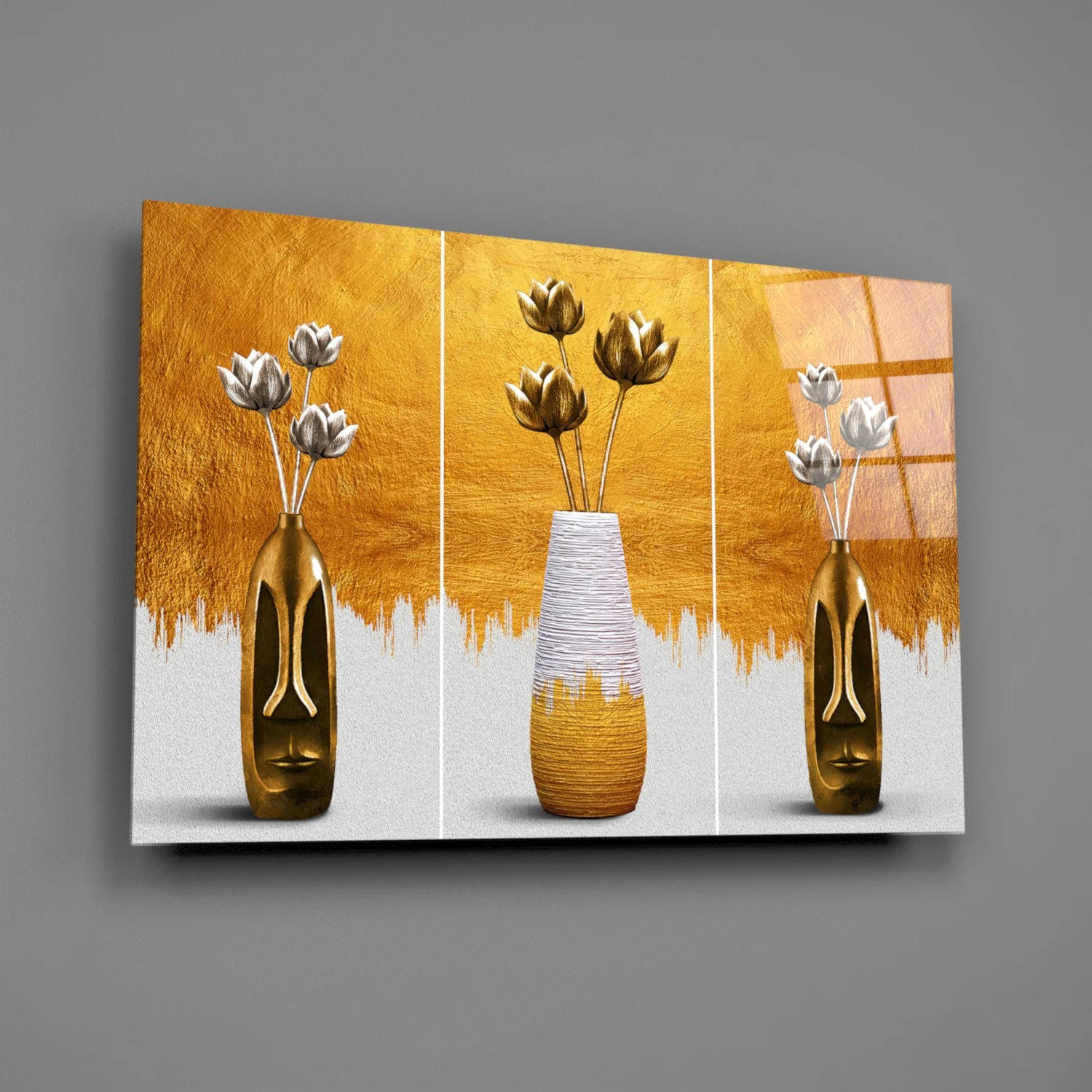Elegant Gold Tulips in Vases Glass Wall Art - Image 2