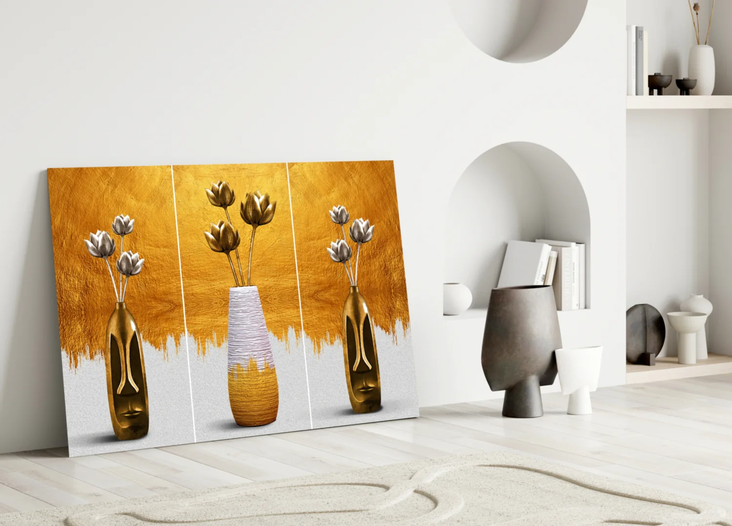 Elegant Gold Tulips in Vases Glass Wall Art - Image 5