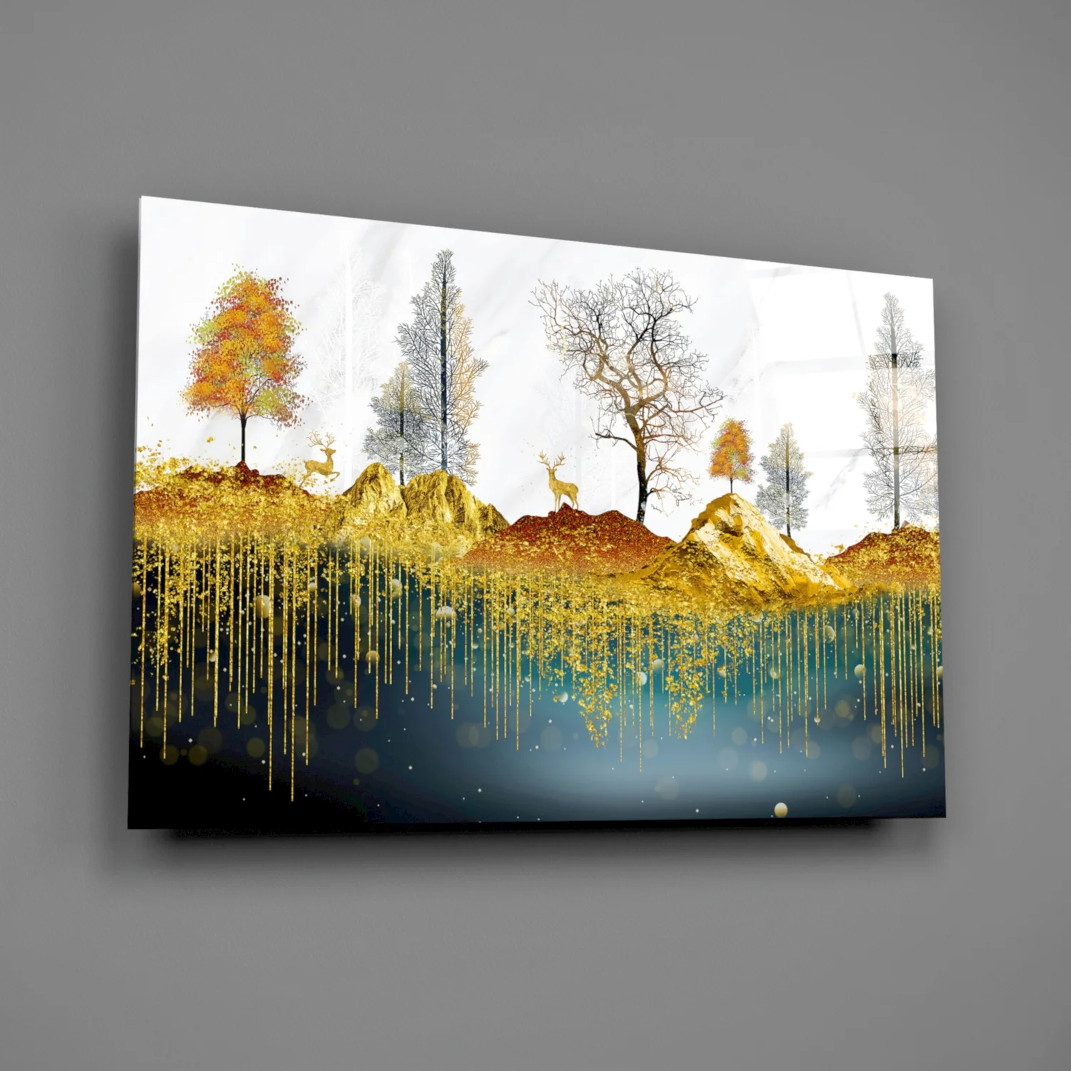 Golden Forest Reflections Glass Wall Art - Image 2