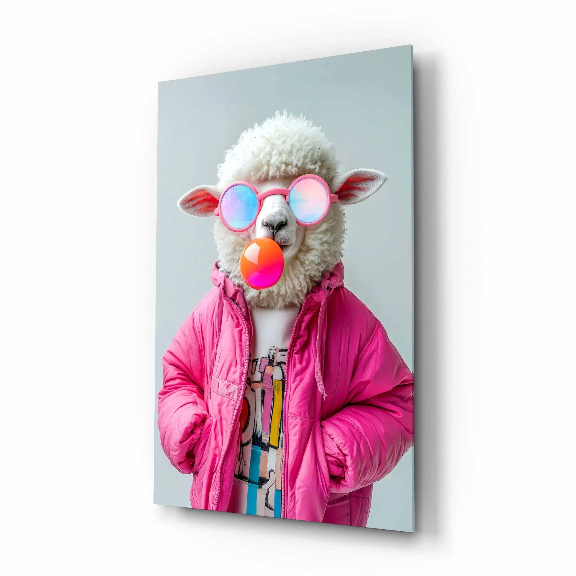 Trendy Bubblegum Sheep Glass Wall Art
