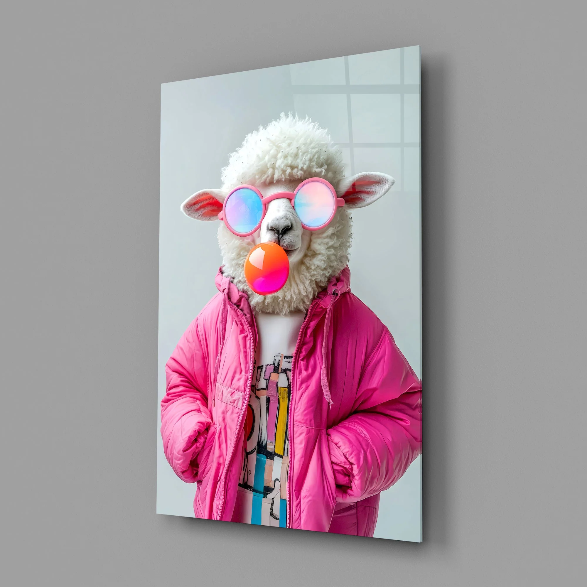 Trendy Bubblegum Sheep Glass Wall Art - Image 2