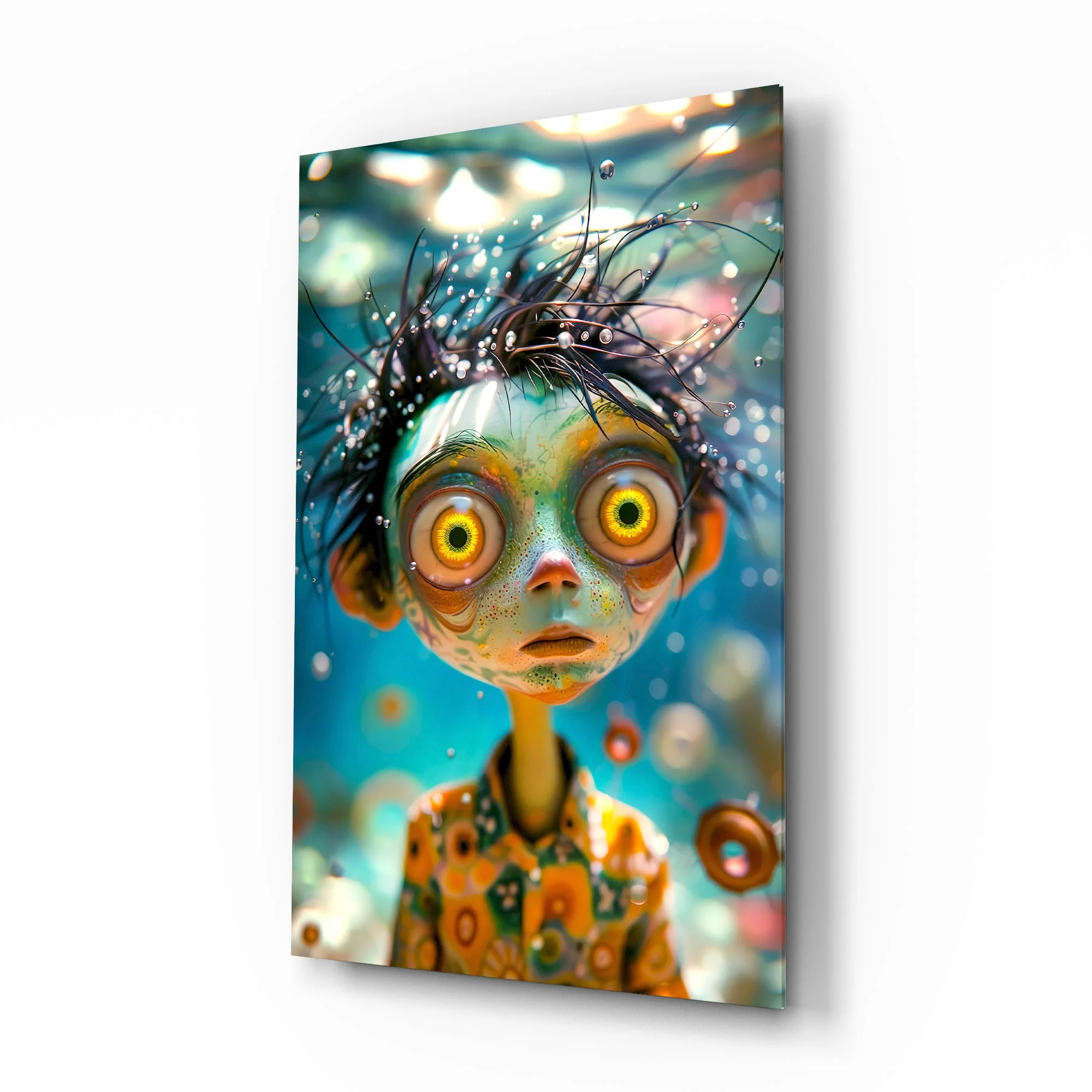 Surreal Wide-Eyed Sprite Glass Wall Art