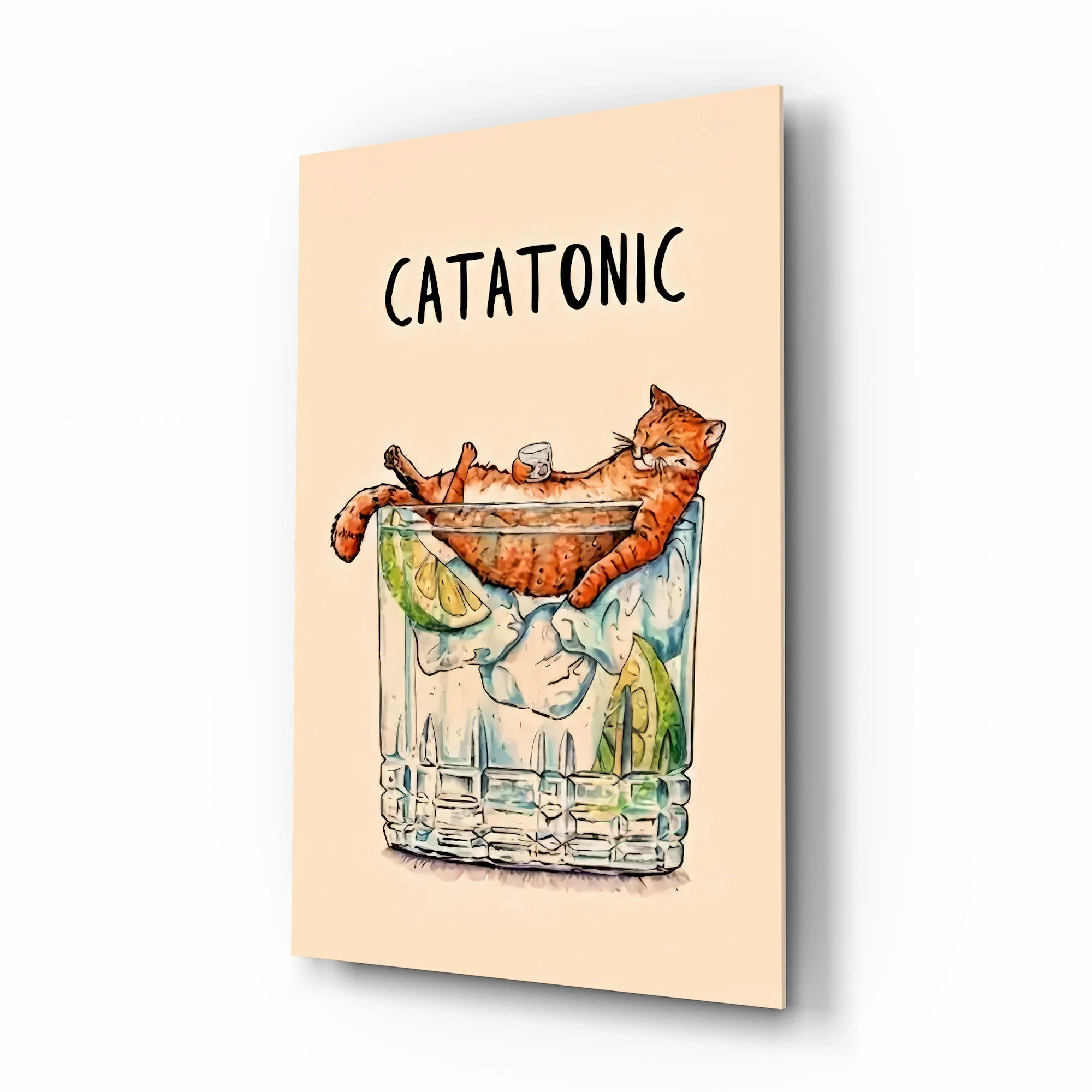 Tipsy Catatonic Ginger Cat Glass Wall Art