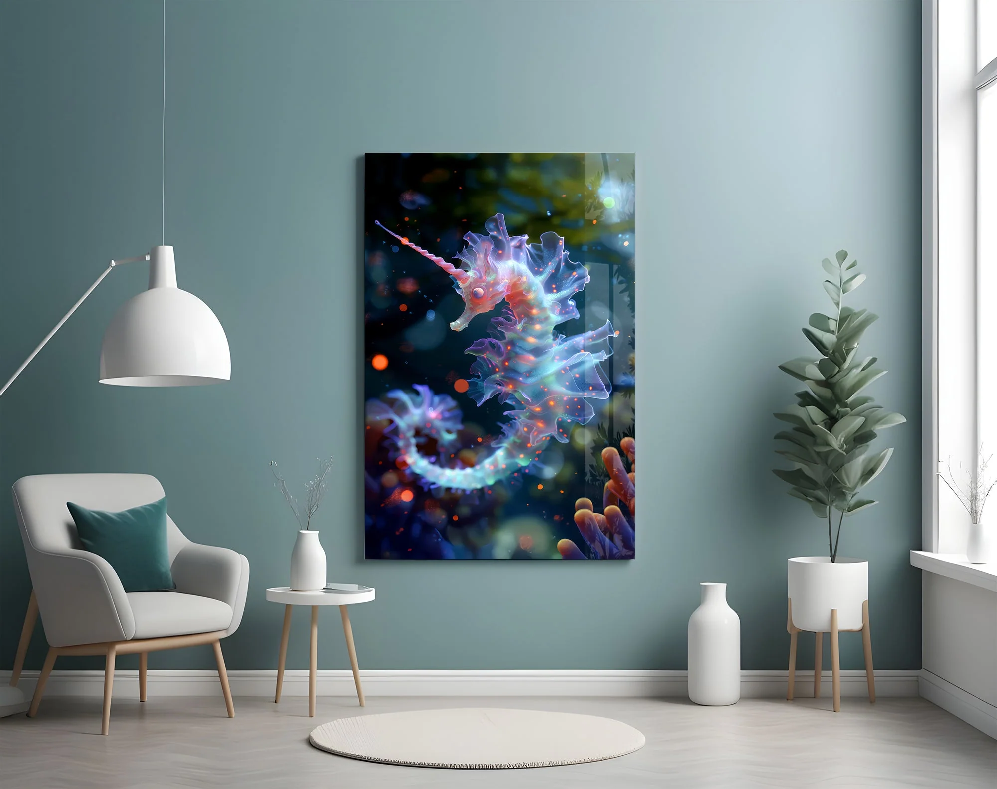 Bioluminescent Mythical Seahorse Glass Wall Art - Image 4
